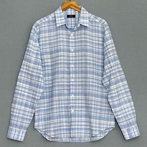 Theory Sylvain Savanna Plaid Mens Shirt M Blue Plaid Linen Cotton Classic Preppy